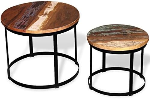 Vintage Charm Industrial Round Coffee & Side Table Set in Polished Wood & Metal
