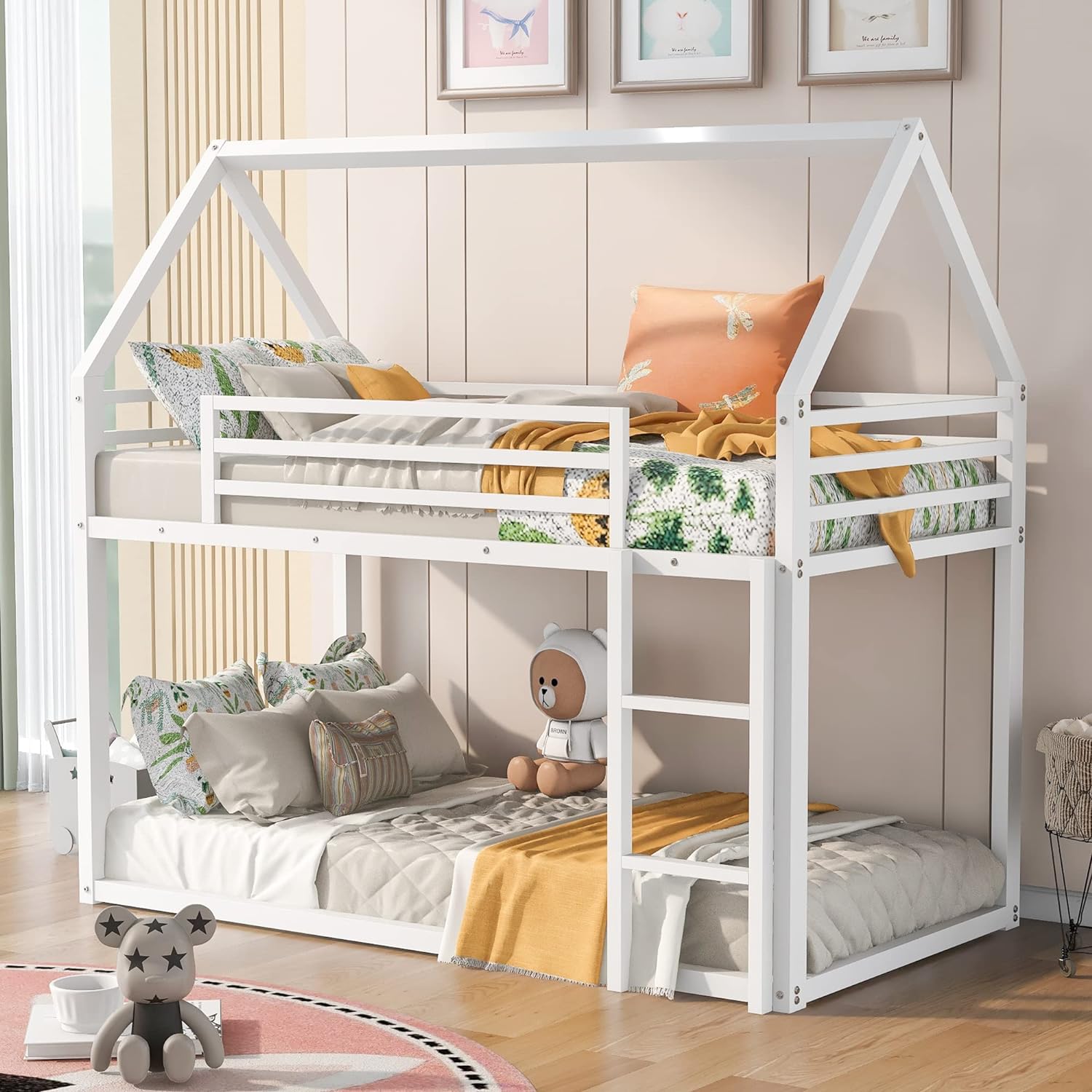 YGDU Modern Heavy Metal House Low Bunk Bed Twin Over Twin, Montessori Floor Bunk Bed Frame with