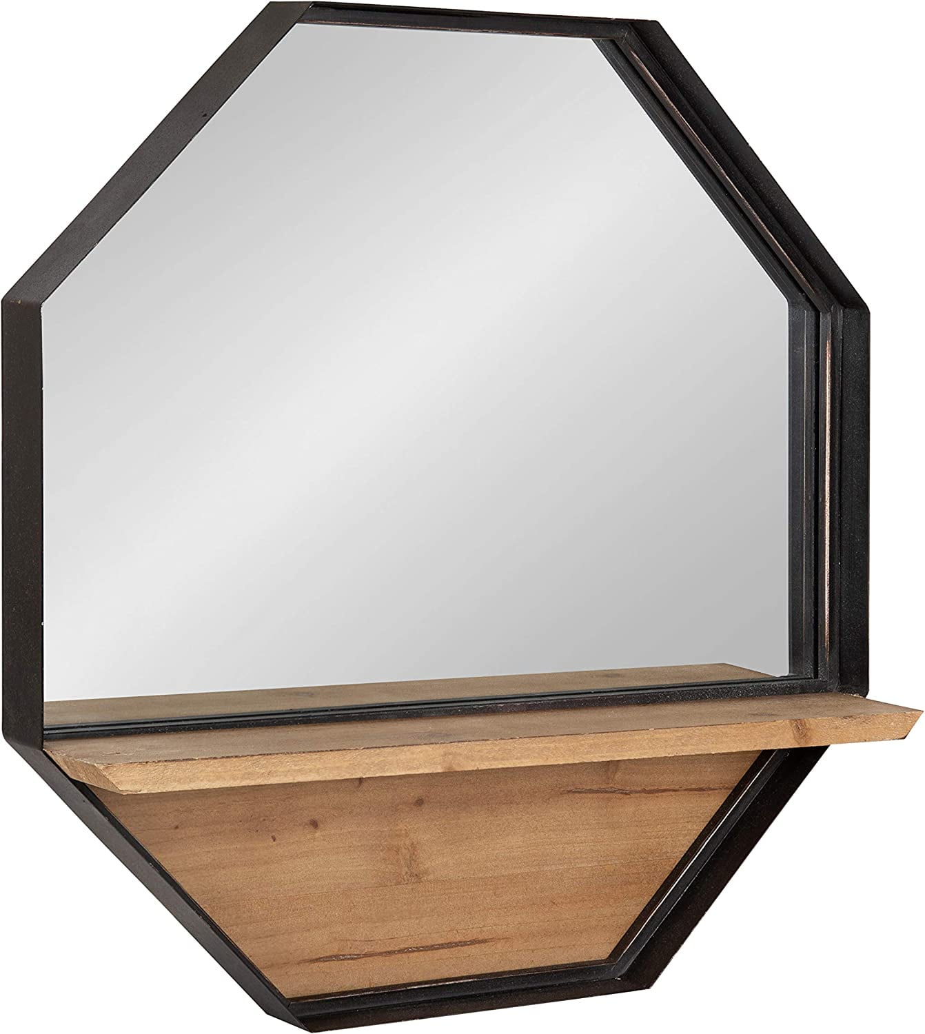 Octagon Black Metal Wall Mirror with Wood Shelf