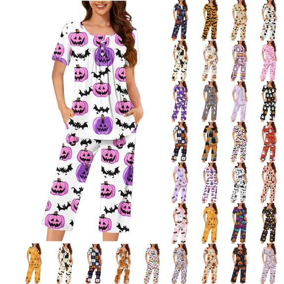 YGJTJYD Halloween Pajamas for Women 2 Piece Cute Pumpkin Graphic Button Up Shirts and Capri Pants Sleepwear Homewear Short Set,Sizes S-3XL