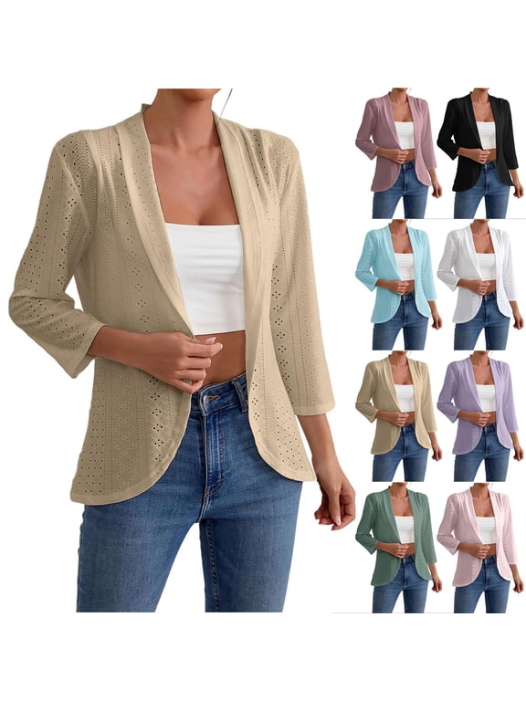 Women's 3/4 Sleeve Eyelet Open Front Cardigan Lightweight Casual Work Office Blazer Jacket S-2XL