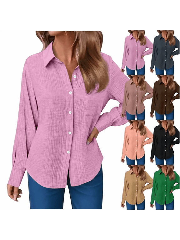 Women's Crinkled Gauze Button Up Shirt Long Sleeve Collared Curved Hem Lightweight Casual Spring Travel Top