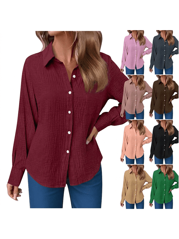 Women's Crinkled Gauze Button Up Shirt Long Sleeve Collared Curved Hem Lightweight Casual Spring Travel Top