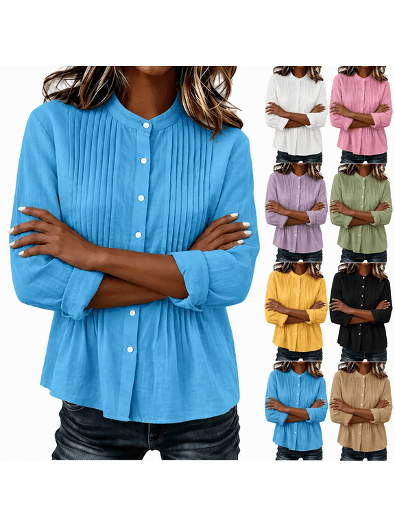 Women's Mandarin Collar Pleated Front Button Down Linen Blouse 3/4 Sleeve Loose Casual Work Vacation Top S-2XL