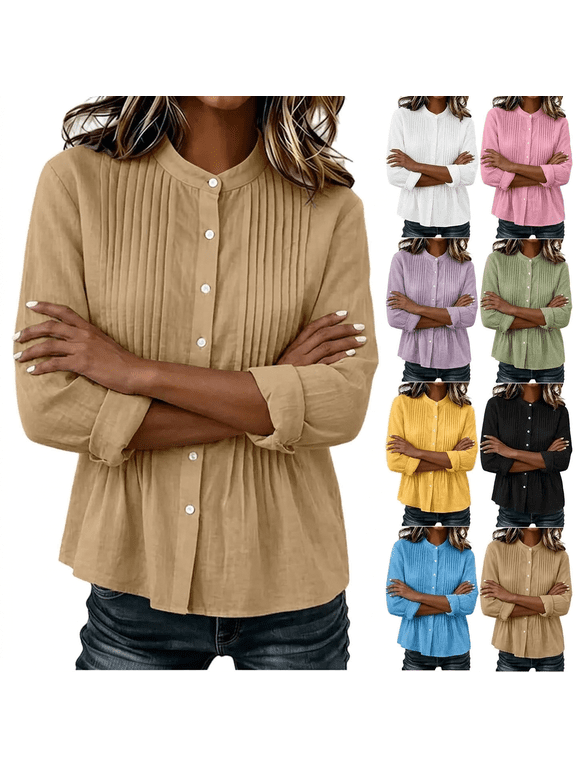 Women's Mandarin Collar Pleated Front Button Down Linen Blouse 3/4 Sleeve Loose Casual Work Vacation Top S-2XL