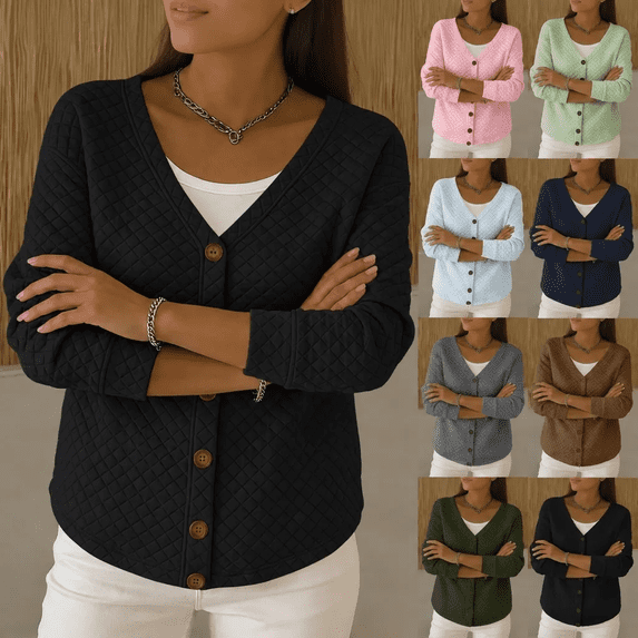 YGJTJYD Women's Quilted V Neck Button Down Cardigan Long Sleeve Lightweight Casual Winter Layering Jacket