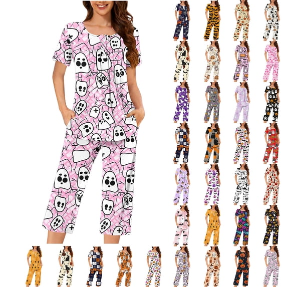 YGJTJYD Womens Halloween Pajamas 2 Piece Cute Ghost Graphic Button Up Shirts and Capri Pants Sleepwear Homewear Pjs Short Set,Sizes S-3XL
