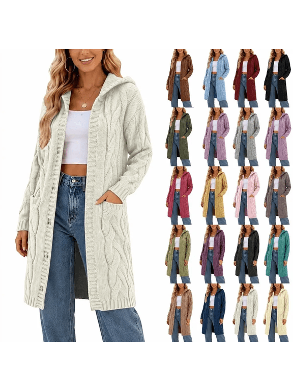 Womens Oversized Open Front Long Cardigan Cable Knit Hooded Sweaters Chunky Tunic Solid Long Sleeve Trendy Casual Hoodies Duster Plus Size Outerwear
