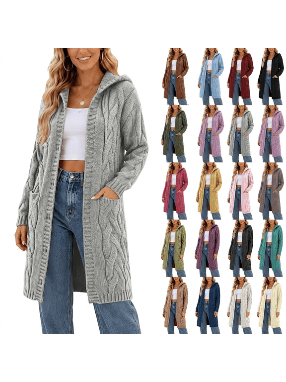 Womens Oversized Open Front Long Cardigan Cable Knit Hooded Sweaters Chunky Tunic Solid Long Sleeve Trendy Casual Hoodies Duster Plus Size Outerwear