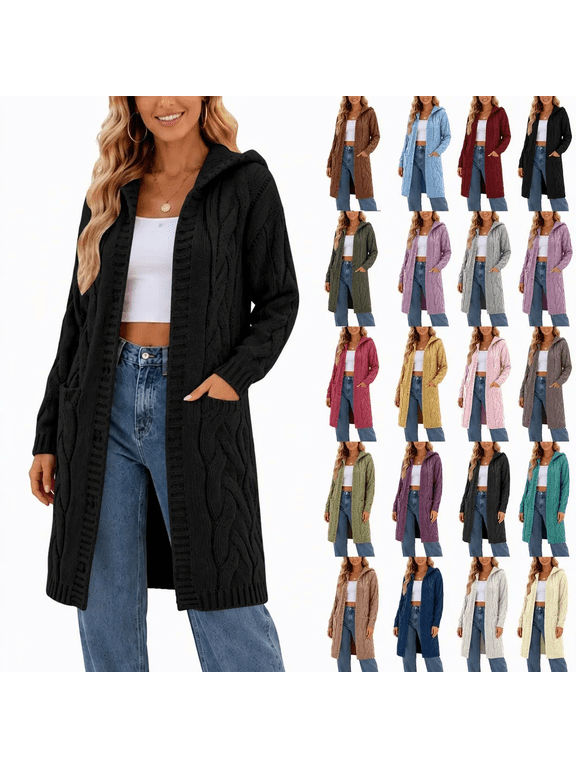 Womens Oversized Open Front Long Cardigan Cable Knit Hooded Sweaters Chunky Tunic Solid Long Sleeve Trendy Casual Hoodies Duster Plus Size Outerwear