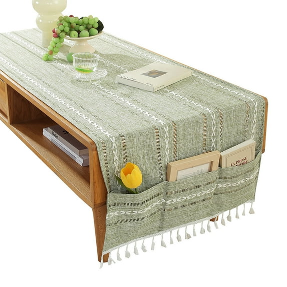 YGUII Linen Rectangle Tablecloths Coffee Table Cloth, Table Cover with Pockets and Tassel Dust Cover