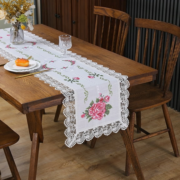 YGUII Linen Table Runner Lace Coffee Table Runners Dresser Scarf for Spring Summer Kitchen Wedding Party