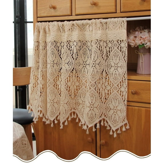 YGUII Rustic Crochet Curtain Valance for Living Room Vintage Lace Curtains Kitchen Window Boho Tiers Cafe Rod Pocket