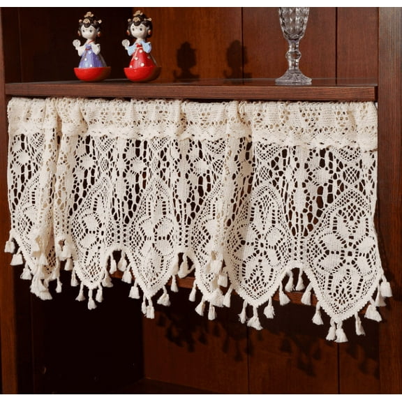 YGUII Rustic Crochet Curtain Valance for Living Room Vintage Lace Curtains Kitchen Window Boho Tiers Cafe Rod Pocket