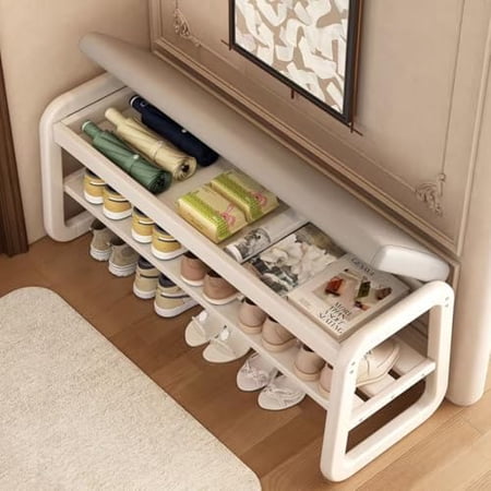 YGWBGA Shoe Rack Bench, 2 Tier Shoe Storage Organizer, Wood Shoe Rack with Flip-Top Storage for Entryway, Small Shoe Bench with Cushion, Shoe Organizer for Living Room, Hallway