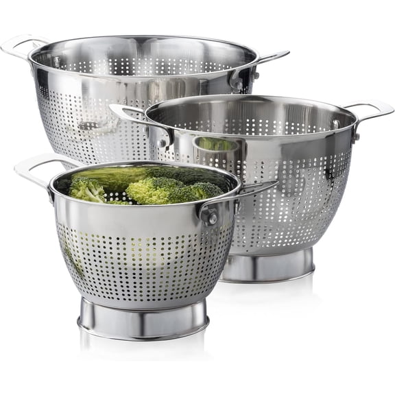 YH-Goods Stainless Steel Colander - 3-Piece Kitchen Sink Strainer Set for Pasta, Rice, Fruit, Food - Stackable Strainers and Colanders, (5-Quart, 3-Quart, and 1.5-Quart)