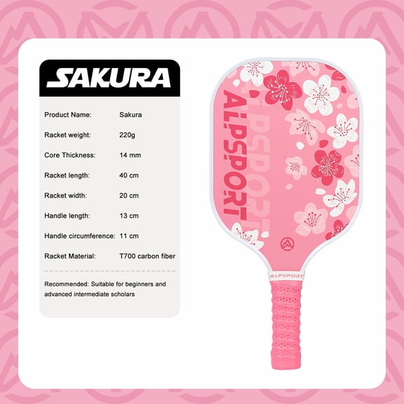 Sakura Pink Pickleball Paddle, Carbon Fiber, Matte Finish, UV Printing and Honeycomb Polymer Core, Non-Slip Grip, Excellent Spin and Control, Suitable for Men and Women, Pickleball Intermediate