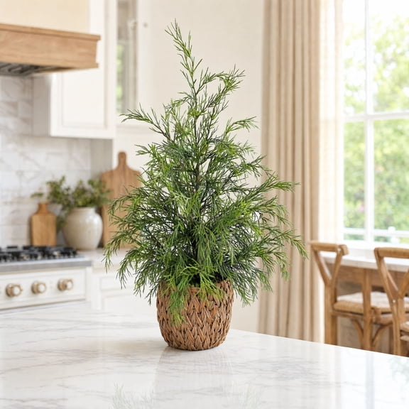 YHAICO Artificial Cedar Christmas Tree in Woven Basket, Realistic Faux Evergreen Potted Tree with Natural Green Branches for Tabletop Home Holiday Decor, 18 Inch