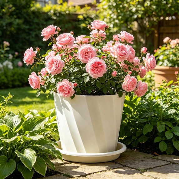 YHAICO Beige Plastic Plant Pot with Drainage Holes, Round Flower Planter with Textured Ribbed Design, Decorative Garden Container for Indoor Outdoor Home Patio Balcony Decor