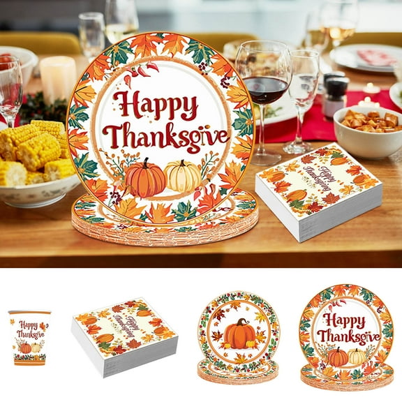 YHAICO Disposable Tableware Sets & Accessories Disposable Tableware for Party 96pcs Thanksgiving Theme Party Tableware Set Disposable Decorative Tableware Paper Set