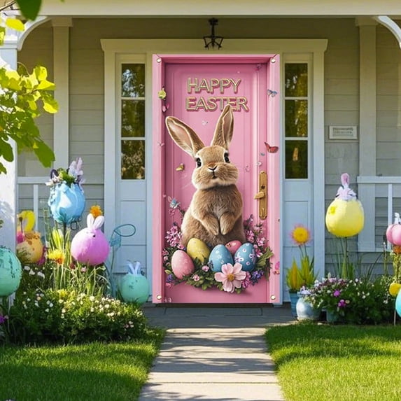 YHAICO Easter Festival Party Decoration Easter Bunny Eggs Door Cover Banners Spring Flowers Blue Bow PastelDesign for Home Indoor Outdoor Holiday Decoration