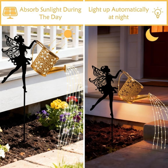 YHAICO Gold Solar-Powered Mini Flower Water Bottle Lantern,Metal Fairy Garden Statues with Hanging Lanterns Waterfall Lights Silhouette Waterproof for Lawn Pathway Gardening Gifts
