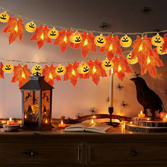 YHAICO Model Christmas Tree Spruce Border Desktop Ornaments LED Light String with Halloween Maple Leaves Pumpkin Room Courtyard Party Decoration Colorful Lights Imitation Leaves String Lights