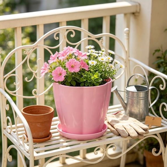 YHAICO Pink Plant Pot with Drainage & Saucer, Round Decorative Flower Planter with Modern Minimalist Design, Breathable Plastic Planters for Indoor Outdoor Home Office Decor