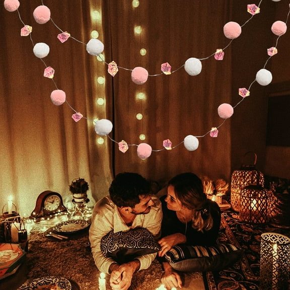 YHAICO String Lights Indoor LED String Lights Twinkly String Lights Valentines Day Faux-Diamond Plushs Poms-Poms Romantic Garland Decoration for Parties and Bedrooms