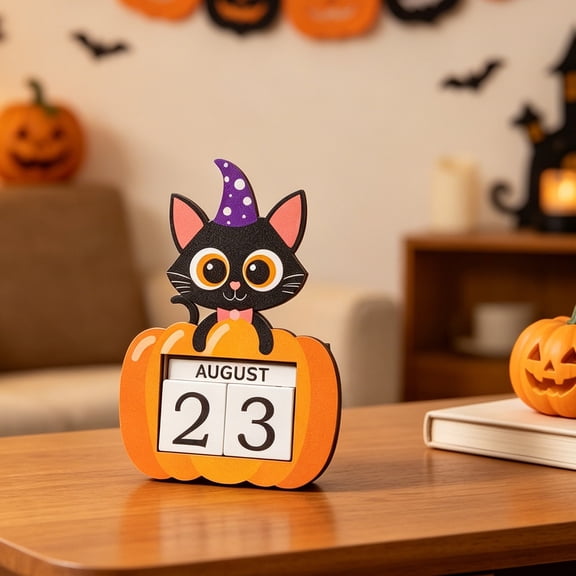 YHAICO Wooden Halloween Desk Decor, Adjustable Month Date Blocks for Spooky Countdown, Reusable Ghost Festival Tabletop Ornament for Home, Office