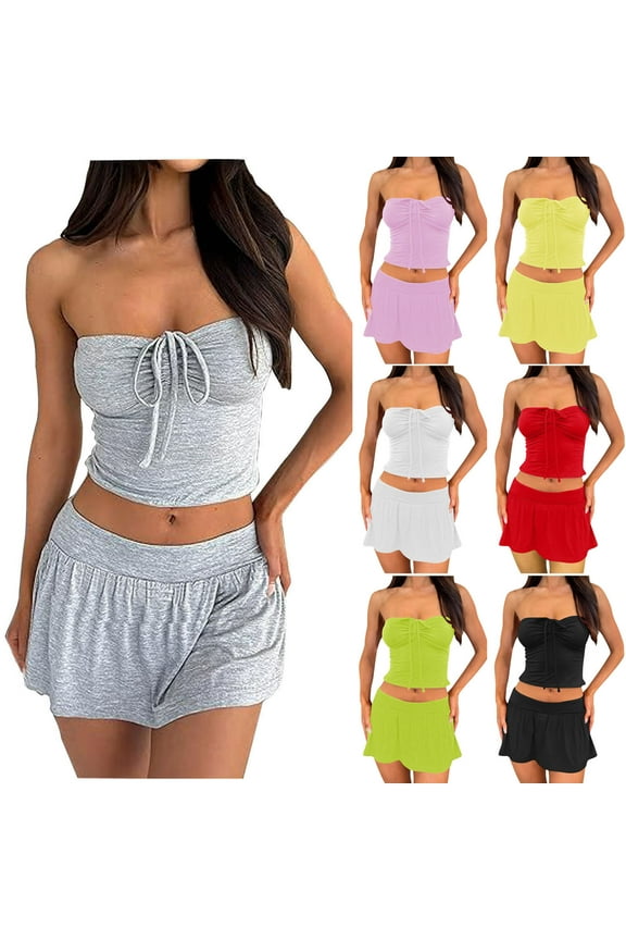 2 Piece Outfits Set for Women Crewneck Drawstring Peplum Tank Top Skort Pants Lounge Suit