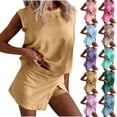 thumbnail image 1 of YHAJDS 2 Piece Outfits Set for Women Sleeveless Solid Crewneck Tank Top Elastic Waist Shorts, 1 of 5