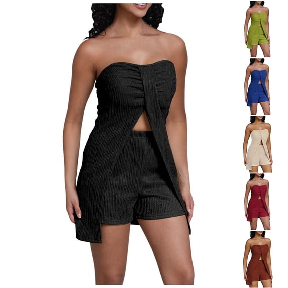 YHAJDS 2 Piece Outfits Set for Women Solid Strapless Neck Top Shorts