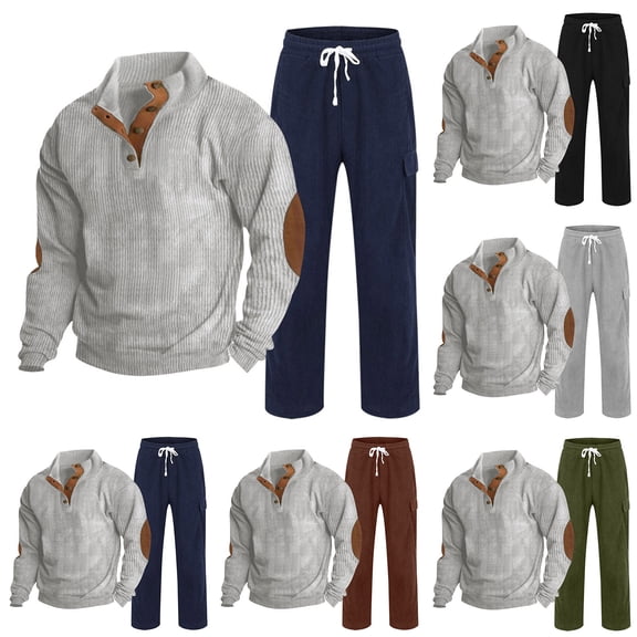 YHAJDS 2 Piece Sets for Men Casual 2 Piece Sets for Men Utility Workwear Sets Outdoor 2 Piece Corduroy Long Sleeve Shirt and Active Pants Long Sleeve Stand Collar Set Fall Winter
