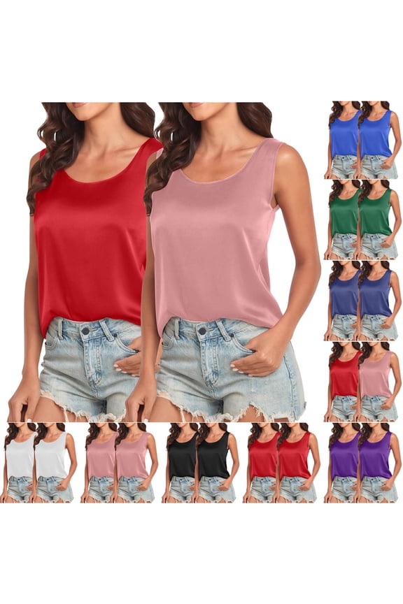 2 Piece Tank Tops for Women Womens Summer Tank Tops Solid Color Round Neck Sleeveless Casual Cami Set