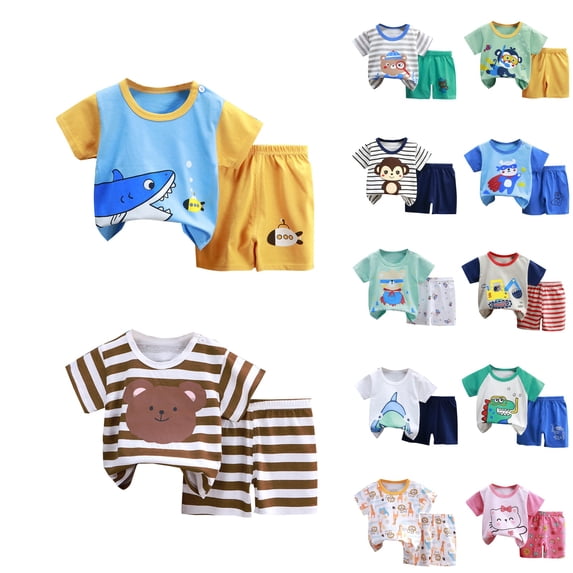 YHAJDS Baby Boy Summer Outfits 2 Piece Cotton Stripe Print Short Sleeve Set