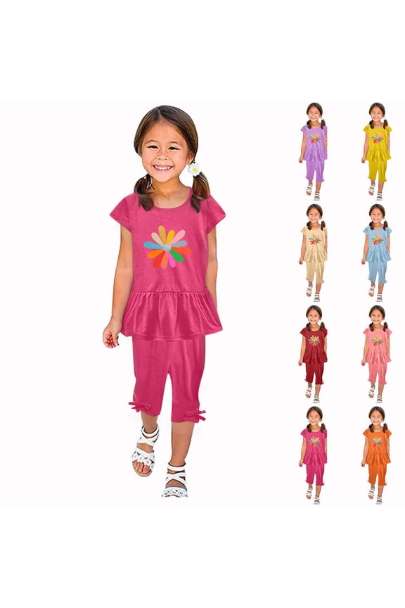 Girls Summer Outfits 2 Piece Casual Print Short Sleeve Flutter Top Cropped Pants
