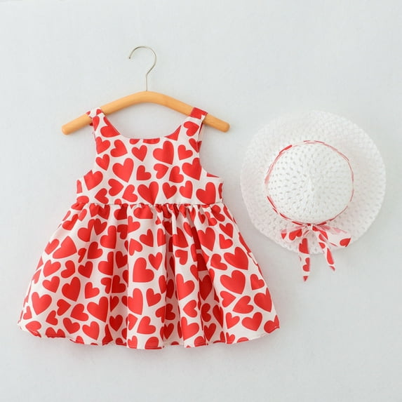 YHAJDS Baby Girl Sleeveless Dress Heart Print Round Neck Fitted Waist with Headband