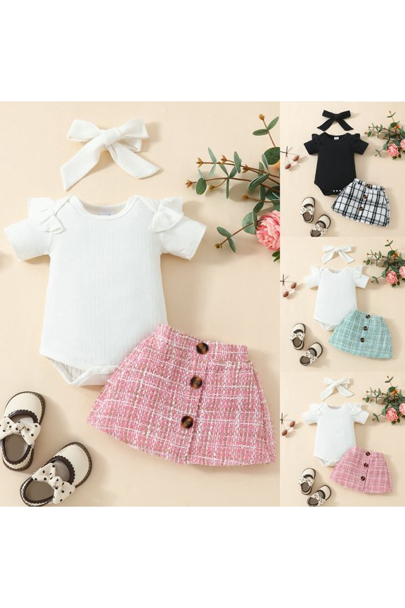 Baby Girl Summer Outfits Short Sleeve Tops and Skirt Set Solid Color Romper with
