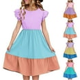 thumbnail image 1 of YHAJDS Baby Girls Short Sleeve Dress Colorblock Ruffle Sleeve Round Neck Sundress, 1 of 5