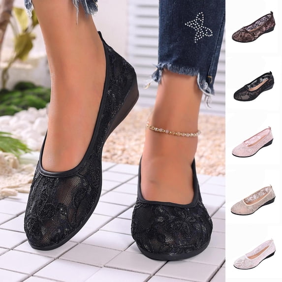 YHAJDS Ballet Flats for Women Solid Color Lace Embroidery Slip On Round Toe Casual Loafer Office Flats Shoes
