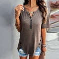 thumbnail image 1 of YHAJDS Basic Tees Spring Tunic Blouse V Neck Zipper Front Solid Color Casual Short Sleeve, 1 of 5