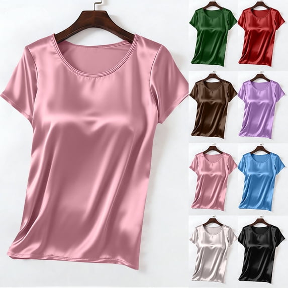 YHAJDS Basic Tops for Innerwear or Summer T Shirts Womens Tops Short Sleeve Round Neck Built In Bra Pullover Tee