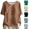 thumbnail image 1 of YHAJDS Basic Tops for Innerwear or Summer T Shirts Womens Tops Short Sleeve Round Neck Linen Bamboo Button Placket Tee, 1 of 5