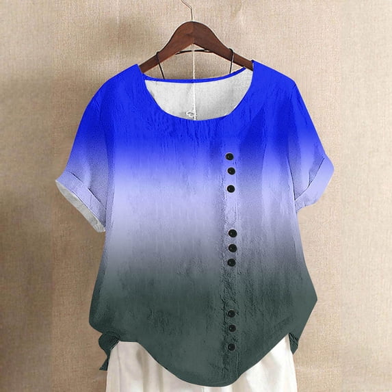 YHAJDS Basic Tops for Women Short Sleeve Round Neck Striped Print Linen Like Button Tee