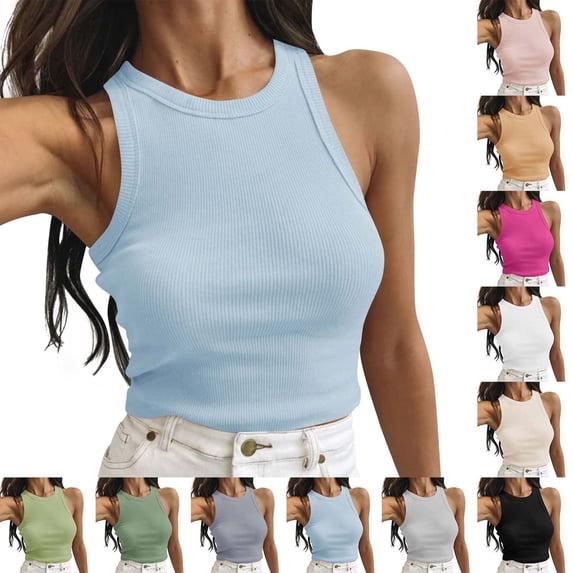 YHAJDS Basic Undershirt Tanks Women Solid Color Round Neck Cropped Slim Sleeveless Cami Shirt