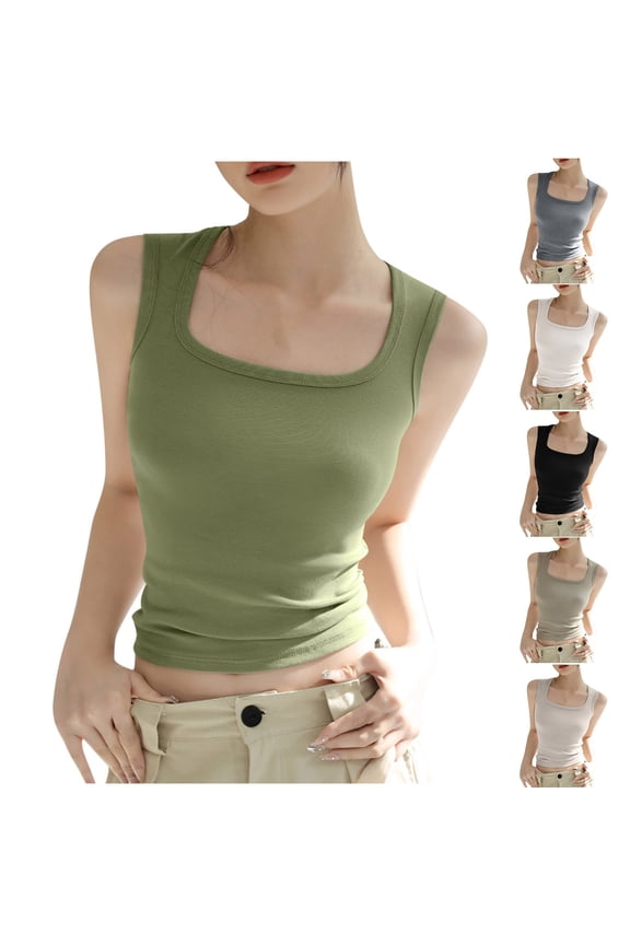 Basic Undershirt Tanks Women Solid Color Round Neck Pullover Spaghetti Strap Sleeveless Cropped Top