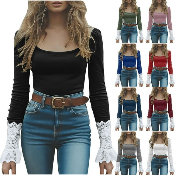 YHAJDS Blouse for Women Solid Color Neck Lace Patchwork Long Sleeve Tops