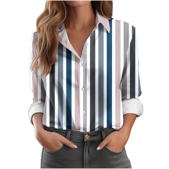 YHAJDS Blouse for Women Striped Button Roll Collar Long Sleeve Loose Casual Spring Summer Top
