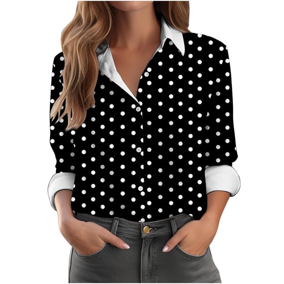 YHAJDS Blouse for Women Striped Button Roll Collar Long Sleeve Loose Casual Spring Summer Top